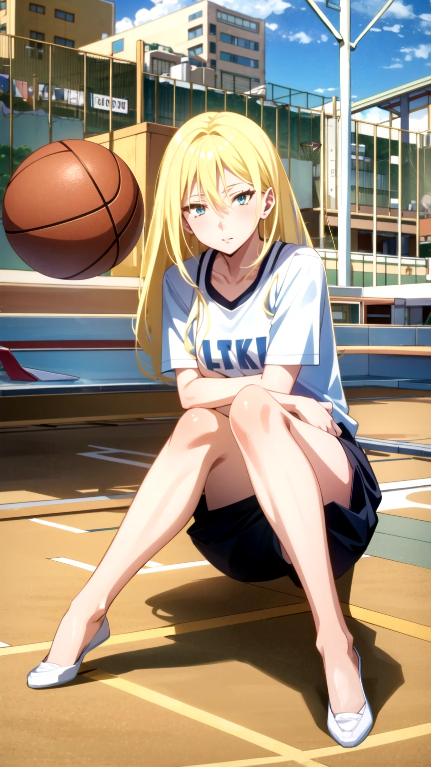 Masterpiece, best quality, very detailed, Ultra high resolution, (photorealistic:1.4), raw photos, (realistic:0.2), 1 girl, alone, long hair,,8k hdr, 1 girl,Blonde hair,  medium-large breast, bright eyes,, medium-small breasts,Wear a basketball shirt ,Spread your legs, Basketball courts