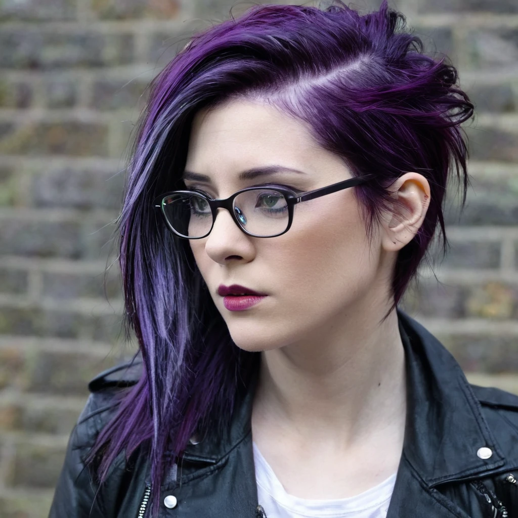 there is a woman with glasses and a black jacket on, Dark purple hair and cybernetics, grungy woman, Emo art student, with glasses, Purple hair portrait of woman, Profile shot, purple and black, look from the side, Shot from the side, Irish horrors, dark and dirty, purple and black, shot from far away