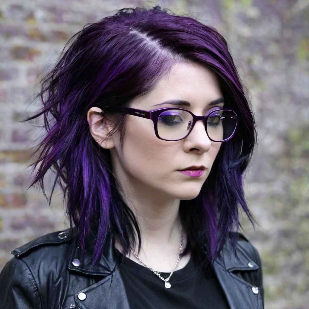 there is a woman with glasses and a black jacket on, Dark purple hair and cybernetics, grungy woman, Emo art student, with glasses, Purple hair portrait of woman, Profile shot, purple and black, look from the side, Shot from the side, Irish horrors, dark and dirty, purple and black, shot from far away