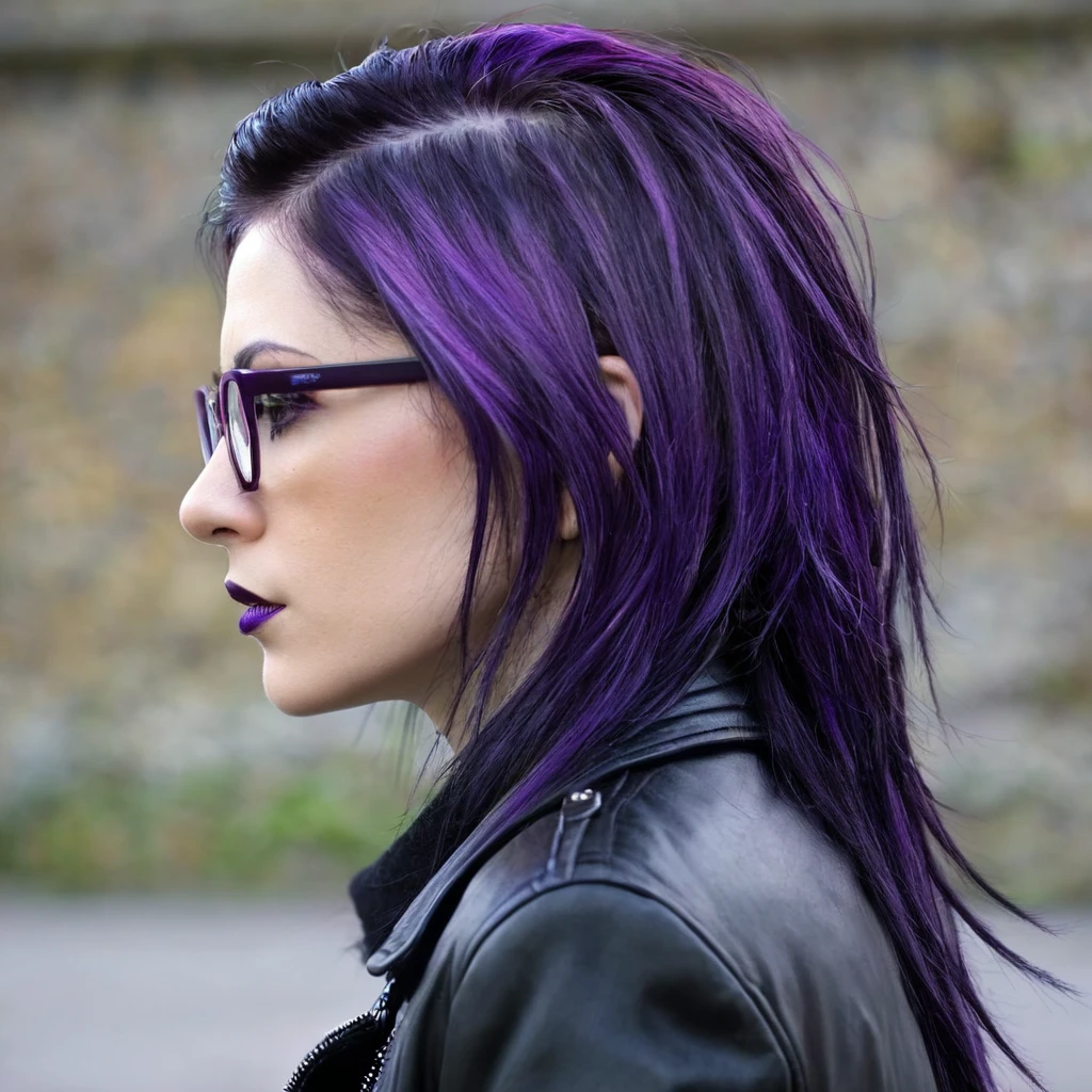 there is a woman with glasses and a black jacket on, Dark purple hair and cybernetics, grungy woman, Emo art student, with glasses, Purple hair portrait of woman, Profile shot, purple and black, look from the side, Shot from the side, Irish horrors, dark and dirty, purple and black, shot from far away