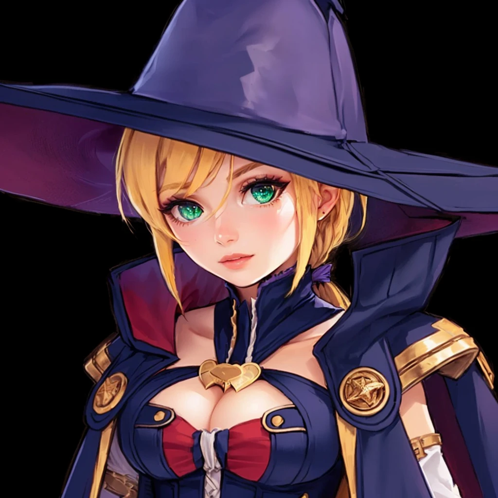 a close-up of a woman in a witch's hat and a cape, mechanized witch girl, half summoner half megumin, black magical girl, portrait of a female magician, marisa kirisame, Sorceress, female magician!, portrait of a sorceress, female magician, beautiful sorceress, black witch character, black witch side portrait