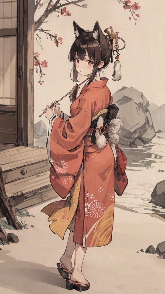 night、nightの神社、Japanese style、Red kimono、Fox-eared girl