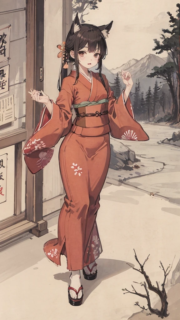 night、nightの神社、Japanese style、Red kimono、Fox-eared girl
