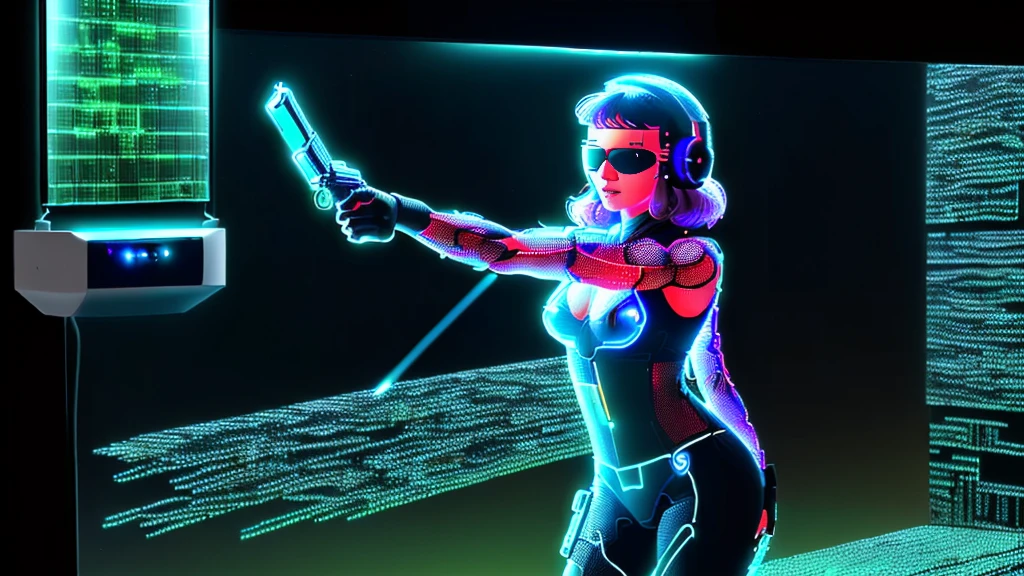 at night, dark sky, 1woman alone, solo, medium-breast:1.2 with cleavage, slim body, standing dynamic pose, (((((pointing gun at viewer, black sunglasses, headphone))))), (((((half-body (thigh level) medium shot))))), photo realistic. In the background, (((((huge transparent windows with OLED GUI interfaces showing Matrix glowing cascading code))))).