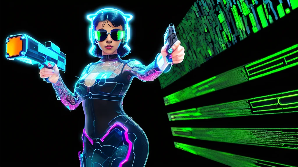 at night, dark sky, 1woman alone, solo, medium-breast:1.2 with cleavage, slim body, standing dynamic pose, (((((pointing gun at viewer, black sunglasses, headphone))))), (((((half-body (thigh level) medium shot))))), photo realistic. In the background, (((((huge transparent windows with OLED GUI interfaces showing Matrix glowing cascading code))))).