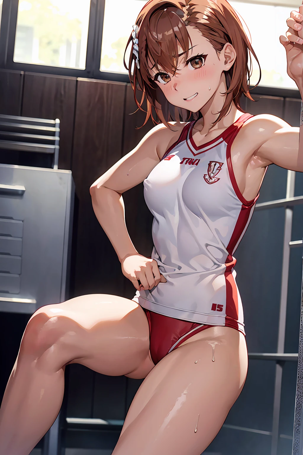 NSFW (Highest quality:1.5, High resolution, uhd, 4K, Detailed lighting, Shaders), ((Misaka Mikoto)) ,solo short hair Brown Hair Brown eyes Cool face Volleyball Uniforms Realistic gym Sweat Super oily skin Preparing for exercise No ball No sleeve Cowboy Shot: Realistic locker room blush depressed Face distorted by pleasure Resisting Pleasure Blushing cheeks wet Nipples licked Overflowing body fluids Spurting body fluids ((Lean back)) (((Ecstasy)))++ Completely naked topless