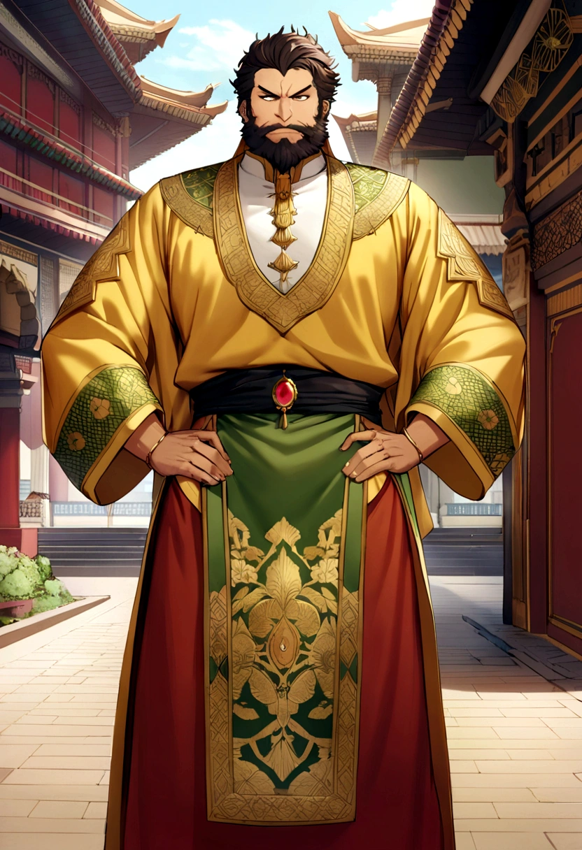 Megat Iskandar Shah, the second ruler of the Malacca Sultanate, stands confidently in traditional Malay attire, featuring a richly embroidered green and gold baju Melayu, a songket sampin, and a jeweled tengkolok. His calm and authoritative expression, rounded face, and neatly groomed beard convey wisdom and vision. Holding an intricately designed keris in his right hand and with his left hand on his hip, he exudes relaxed command. The backdrop shows a developed Malacca Sultanate with a grand palace, thriving city, busy harbor, and lush gardens, symbolizing the kingdom's established power, active trade, and prosperity,  character turnaround, Front view, Side view, Back view