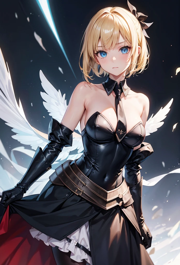slender, mature female,rating:safe, 1girl, blonde_hair, green_eyes, solo, detached_collar, armor, gloves, bare_shoulders, ribbon, detached_sleeves, hair_ribbon, breasts, armored_dress, short_hair, closed_mouth, wings, looking_at_viewer, bangs, dress, white_gloves, necktie, medium_breasts, blue_eyes, faulds