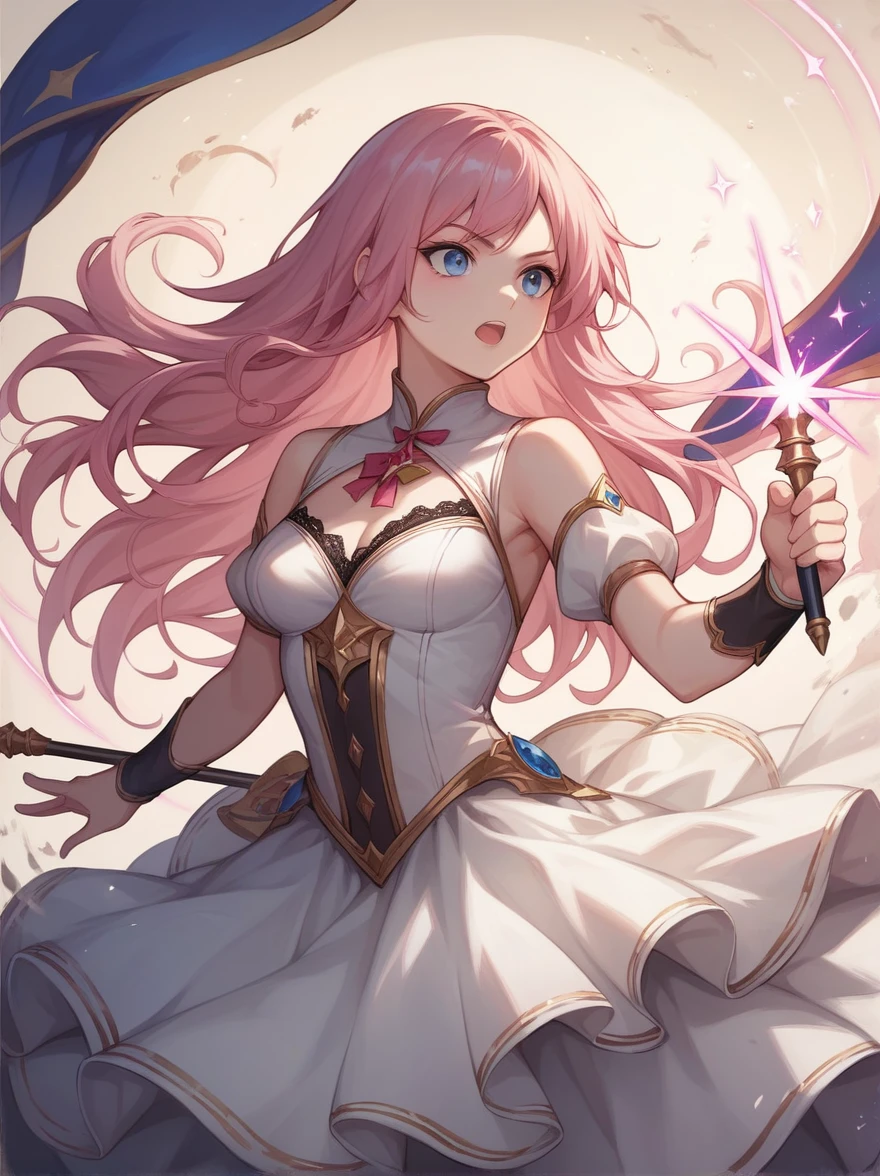 ((Best quality)), ((masterpiece)), (detailed), ((perfect face)), Lilia,  One Girl、Pink long hair、blue eyes、A white dress with black lace、large pink ribbon on the chest、holding a wand,Fighting with magic