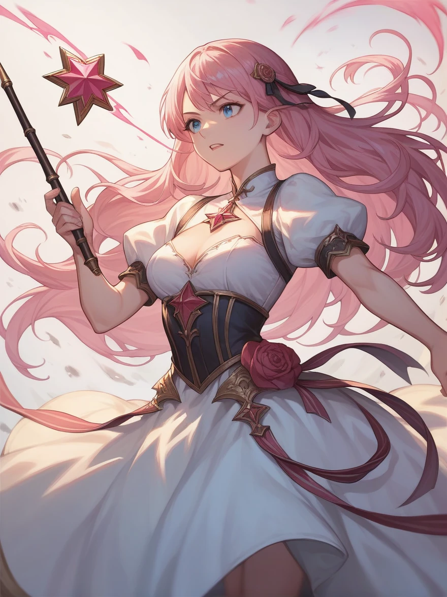 ((Best quality)), ((masterpiece)), (detailed), ((perfect face)), Lilia,  One Girl、Pink long hair、blue eyes、A white dress with black lace、large pink ribbon on the chest、holding a wand,Fighting with magic