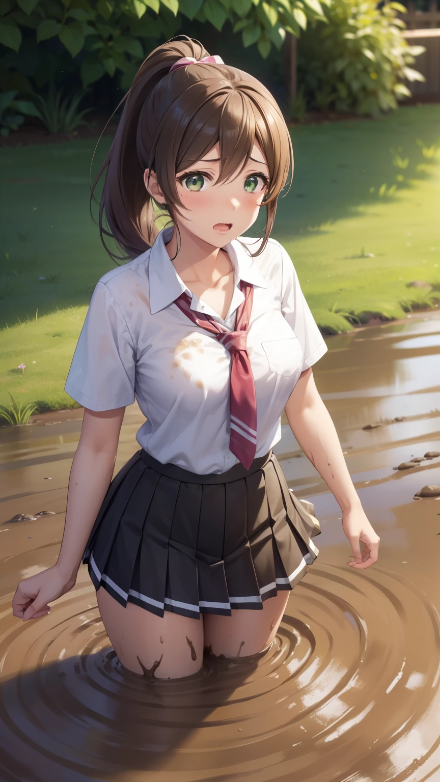 nozomitoujou, nozomi toujou, green eyes, brown hair, ponytail, medium breasts, masterpiece, best quality, high resolution, beautiful detailed eyes, extremely detailed face, good lighting, detailed CG, messy hair, glossy lips, upset, scared, (sinking in mud), garden, from above, (skirt spread on ground), (sinking to her hips), (partially submerged), standing, school shirt, pleated miniskirt