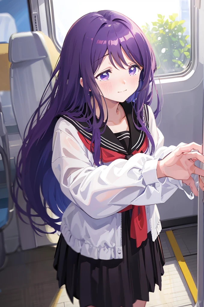 Holding white panties、Black Skirt、Take off the white panties、Smirking face、Blushing、Black Skirt、Light purple hair、Semi-long hair、、Japanese school uniform、schoolgirl、on the train、Strap、、8K,Masterpiece、Light purple hair、Semi-long hair、、Japanese 、、、、、白色のShowing panties、、Blushing、、Showing panties、Pull up your skirt、Blushing、on the train、Strap