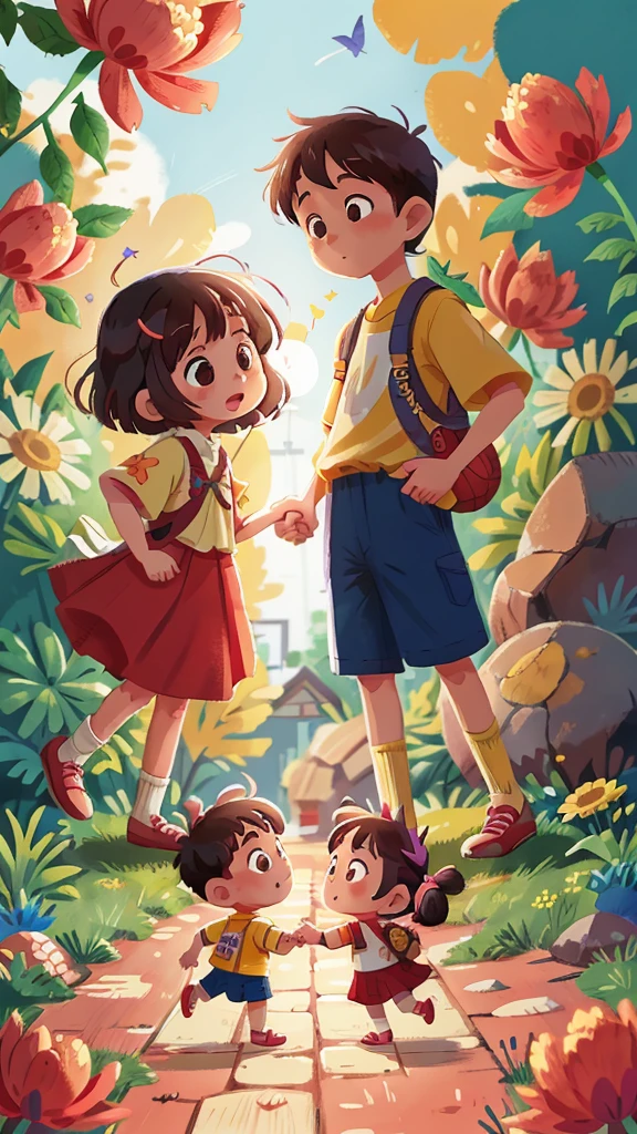 Japanese、Two children、Kindergarteners、Boys and Girls、A good friend、Holding hands、
