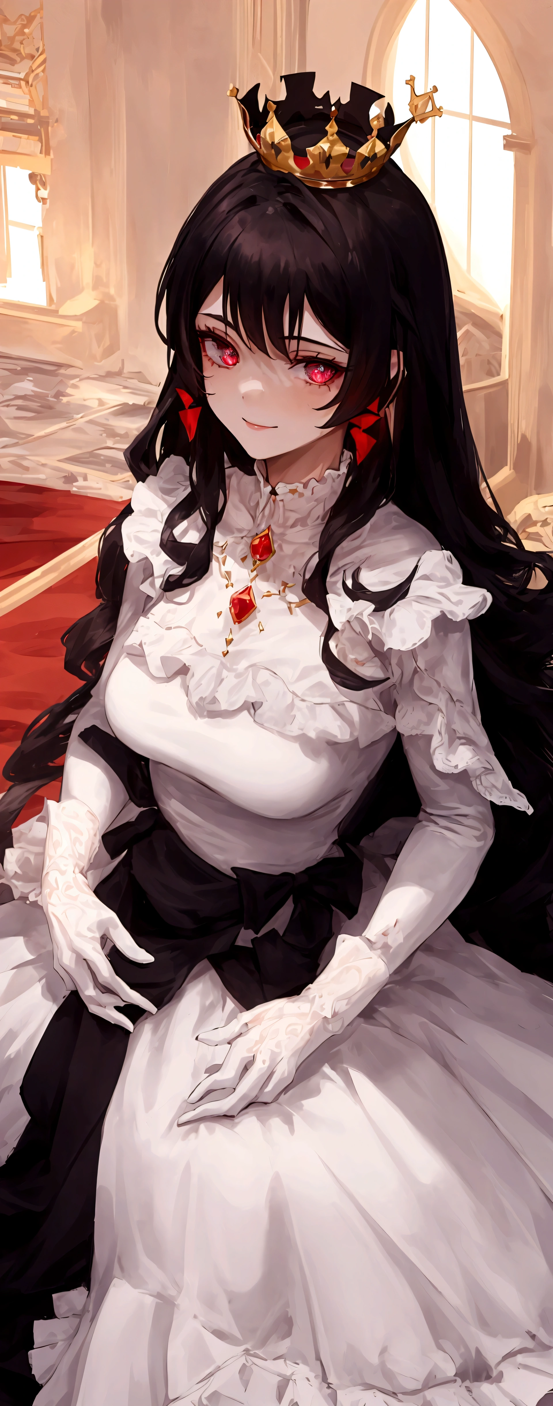 A girl 18 years old. wearing a white ball gown, with a sparkling crown on her head. The girl had eyes as red as blood and hair as black as the night sky. his face smiled sadly in the middle of a lively royal party.