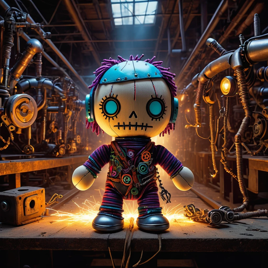 (knitted toy voodoo doll:1.7), (Voodoo in an Abandoned Factory:1.3), (Clothing: factory worker attire with glowing industrial patterns:1.0), (Accessories: enchanted wrench emitting sparks of mechanical magic, levitating spectral machinery:1.1), (background: mystical factory with floating ghostly tools, glowing abandoned conveyor belts, and spectral workers:1.2), best quality, masterpiece, detailed soft oil painting, detailed background, dramatic cinematic lighting, soft edge lighting, professional, dramatic lighting, hard edge lighting, ultra quality, 4k, masterpiece, best quality, 8k, ultra high definition, high resolution, extremely detailed