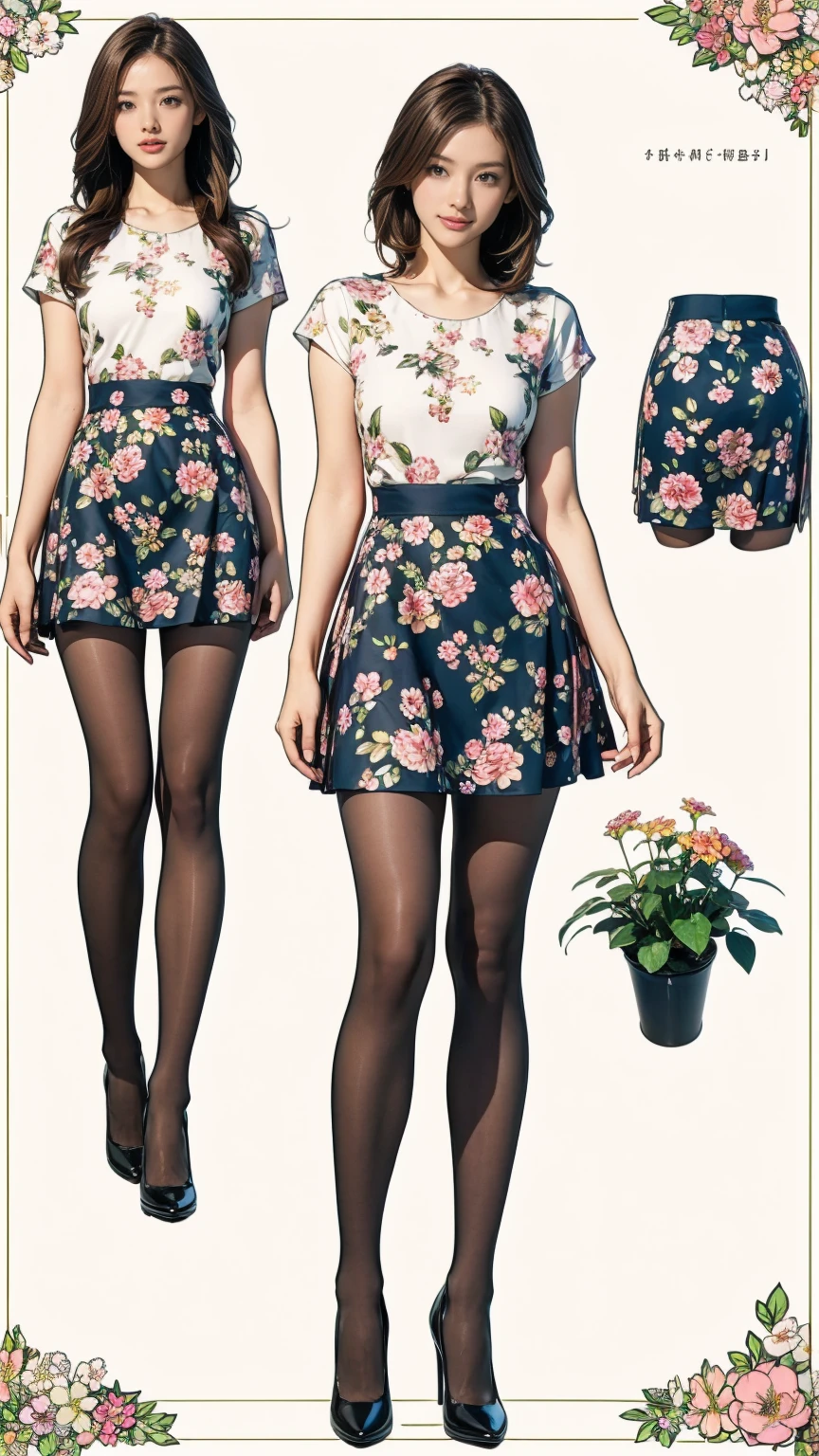 ((masterpiece)),(((Highest quality))),((Character design sheet)),Thin thighs,Long legs,whole body:1.5，(One Girl:1.3),(Black pantyhose and thick pointy heels：1.3),(Wearing a floral and plant patterned mini skirt dress:1.2),Short blonde:1.2、Model pose，Floral and botanical background:1.5，