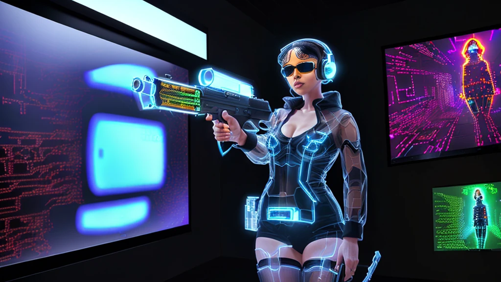 at night, dark sky, 1woman alone, solo, medium-breast:1.2 with cleavage, slim body, standing dynamic pose, (((((pointing short gun at viewer, black sunglasses, headphone))))), (((((half-body (thigh level) medium shot))))), photo realistic. In the background, (((((huge transparent windows with OLED GUI interfaces showing glowing programming code))))).