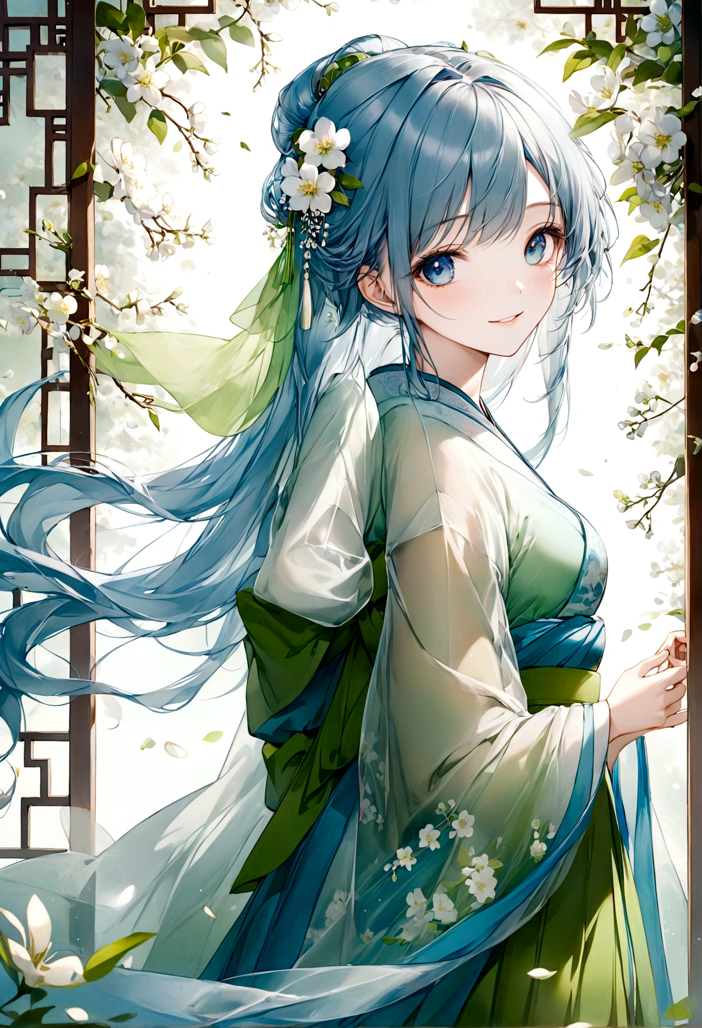 ((top-quality)), ((masterpiece)), ((ultra-detailliert)), (extremely delicate and beautiful), beautiful woman, bright light blue hair, long hair, sapphire blue eyes, traditional chinese hairstyle, wearing beautiful hanfu dress, sheer green hanfu, flowy shawl, shawl is sheer spring green, sweet smile, relaxed expression, fair complexion, delicate white flowers background