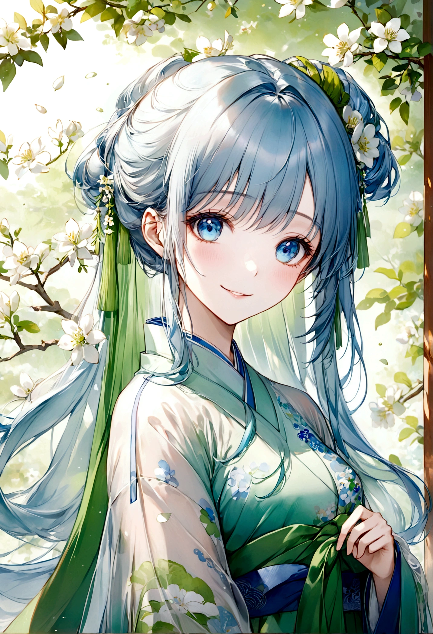 ((top-quality)), ((masterpiece)), ((ultra-detailliert)), (extremely delicate and beautiful), beautiful woman, bright light blue hair, long hair, sapphire blue eyes, traditional chinese hairstyle, wearing beautiful hanfu dress, sheer green hanfu, flowy shawl, shawl is sheer spring green, sweet smile, relaxed expression, fair complexion, delicate white flowers background