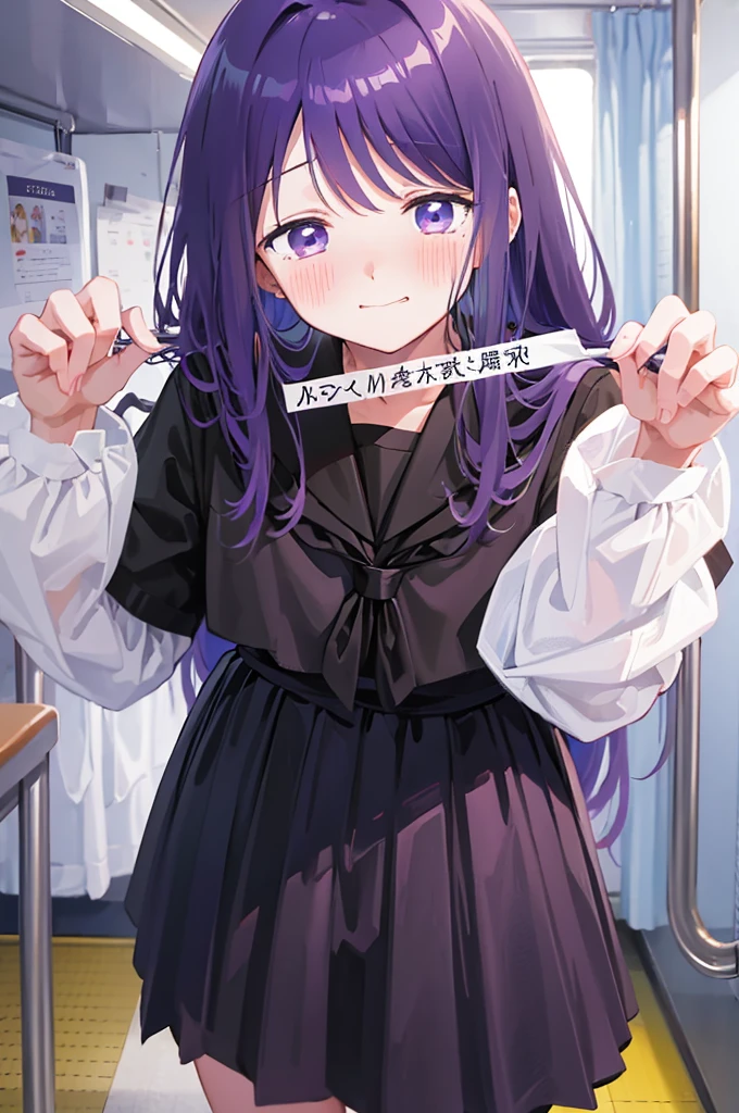 Holding white panties、Black Skirt、Take off the white panties、Smirking face、Blushing、Black Skirt、Light purple hair、Semi-long hair、、Japanese school uniform、girl、on the train、Strap、、8K,Masterpiece、Light purple hair、Semi-long hair、、Japanese 、、、、、白色のShowing panties、、Blushing、、Showing panties、Pull up your skirt、Blushing、on the train、Strap