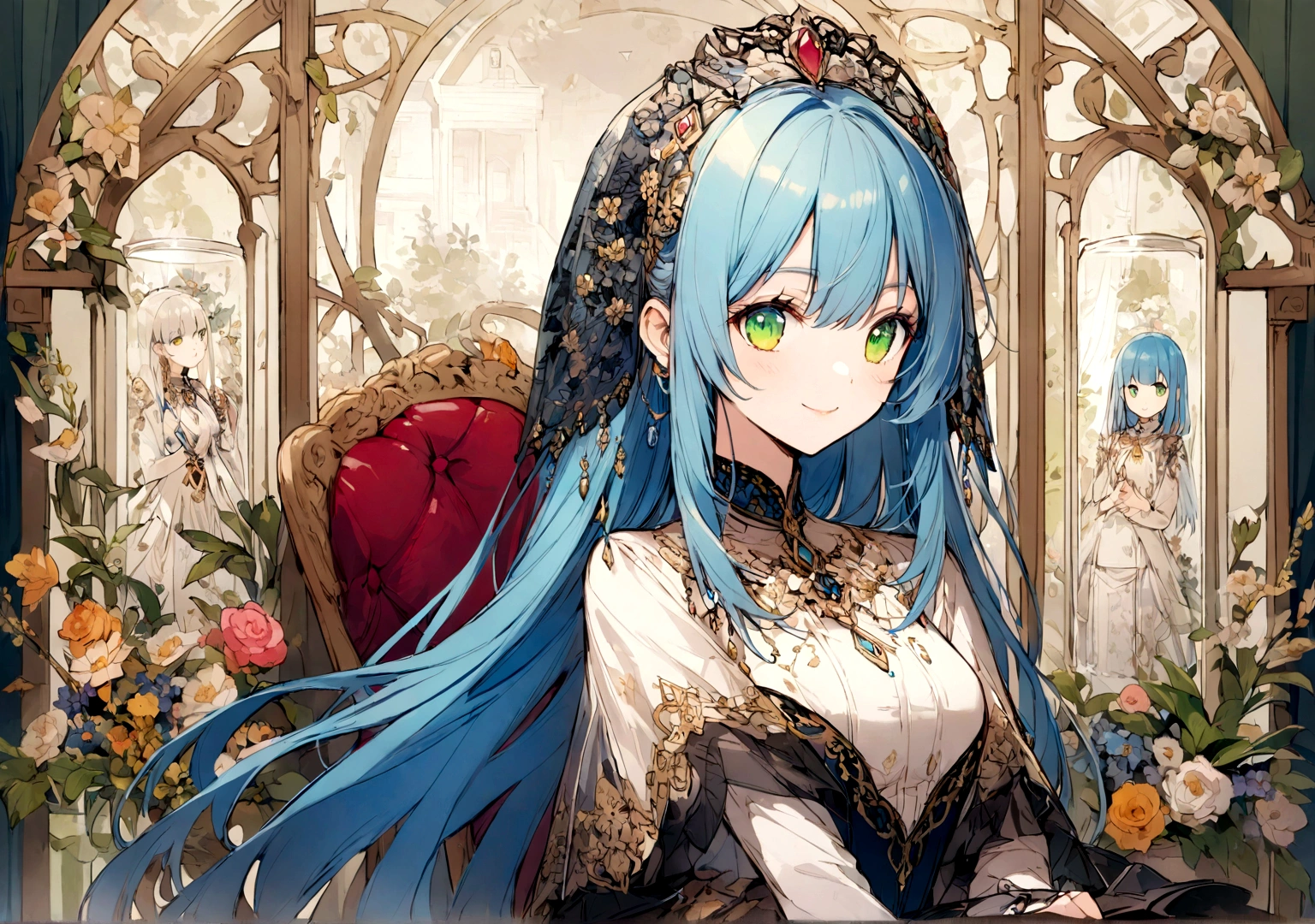 high school girl、With a girl,Jewel Eyes,Beautiful arrangements and motifs、Few、Game character design、Written boundary depth , wonderful, beauty、Transparency、Game character design、(One Girl:1.0)、Blue Hair、Straight hair、cute、Upper Body、Green Eyes、Sit on a chair、Mass-produced fashion,、front、smile、Room Background