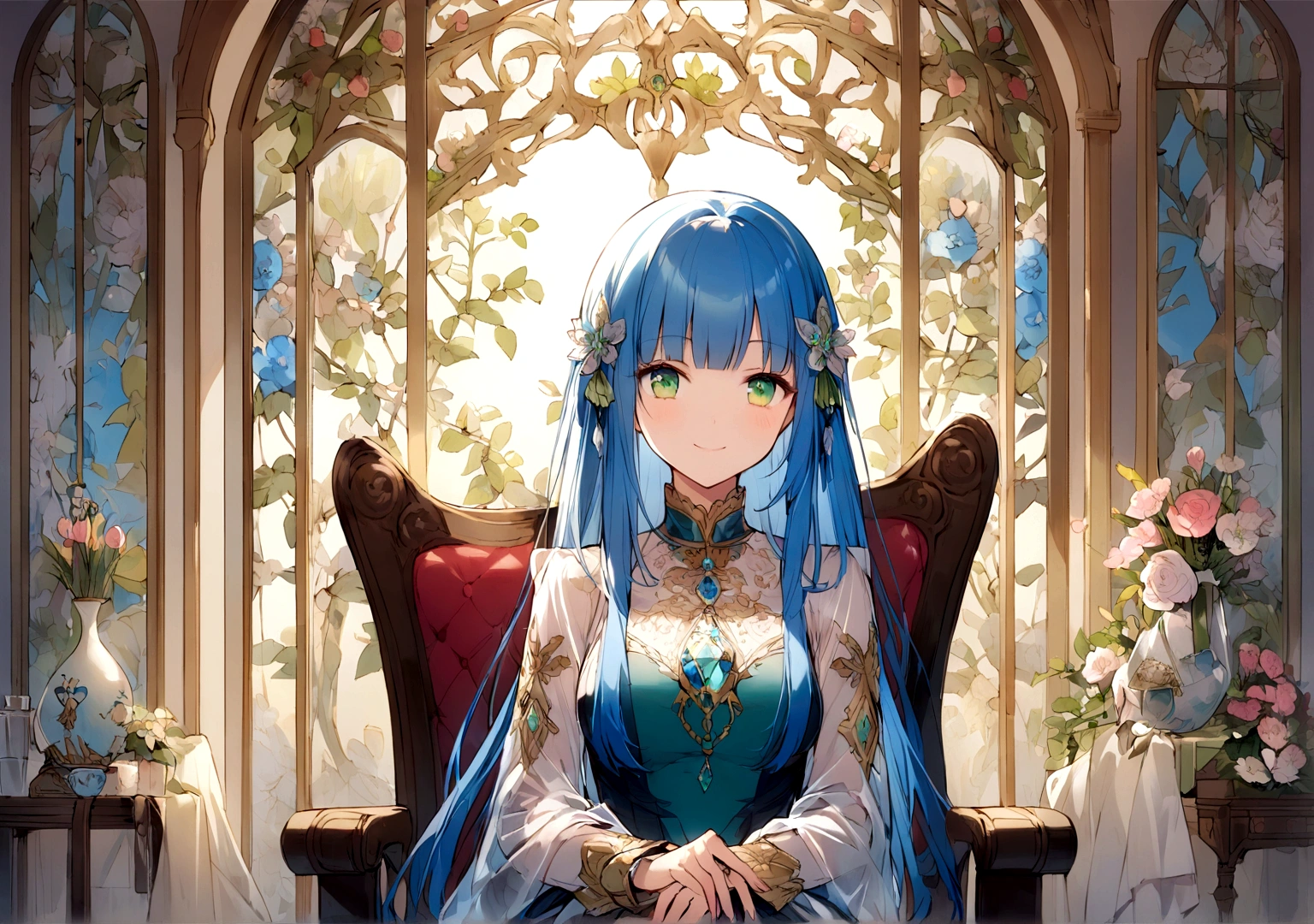 high school girl、With a girl,Jewel Eyes,Beautiful arrangements and motifs、Few、Game character design、Written boundary depth , wonderful, beauty、Transparency、Game character design、(One Girl:1.0)、Blue Hair、Straight hair、cute、Upper Body、Green Eyes、Sit on a chair、Mass-produced fashion,、front、smile、Room Background