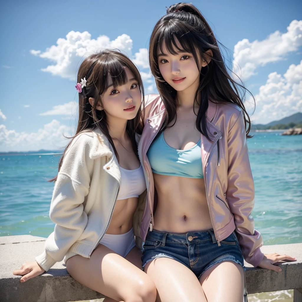 Two loli Japan girls in bikini posing sensually on the beach in midsummer, sweaty 4k, pubic hair, areolas, back, ass, short hair, , smile, laugh, open mouth, open mouth, (translucent body, smooth translucent white skin: 1.6), loli Japan, girl lying on the sea, duck mouth, sensual pose, legs wide open, smile, sexy loli Japan model, loli Japan model, Cute bikini, two loli Japan girls, realistic young gravure idol, cute core, wet swimsuit, Japan model, loli japan girl, young and cute gravure idol, tight bikini, sling bikini, swimsuit, young sensual gravure idol, loli japan bikini model, (shallow focus: 1.4), (sharp focus: 1.4), (( girl areola, Transparent nipple silhouette: 1.6)), (((Girl's pubic hair, pubic hair super clear silhouette: 1.6)), ((A girl has her breasts grabbed by a boy: 1.6)), (Girl with open vaginal opening: 1.6)