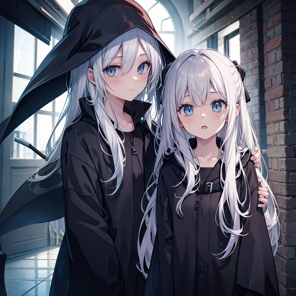 (((Grim Reaper's Scythe inflammation))) (((Gray Hair Short Hair blue eyes female Close-up))),((night full moon My own big wings)),(Wearing a hood Black camisole Purple light), A tense look Shining Background Shining Edge
