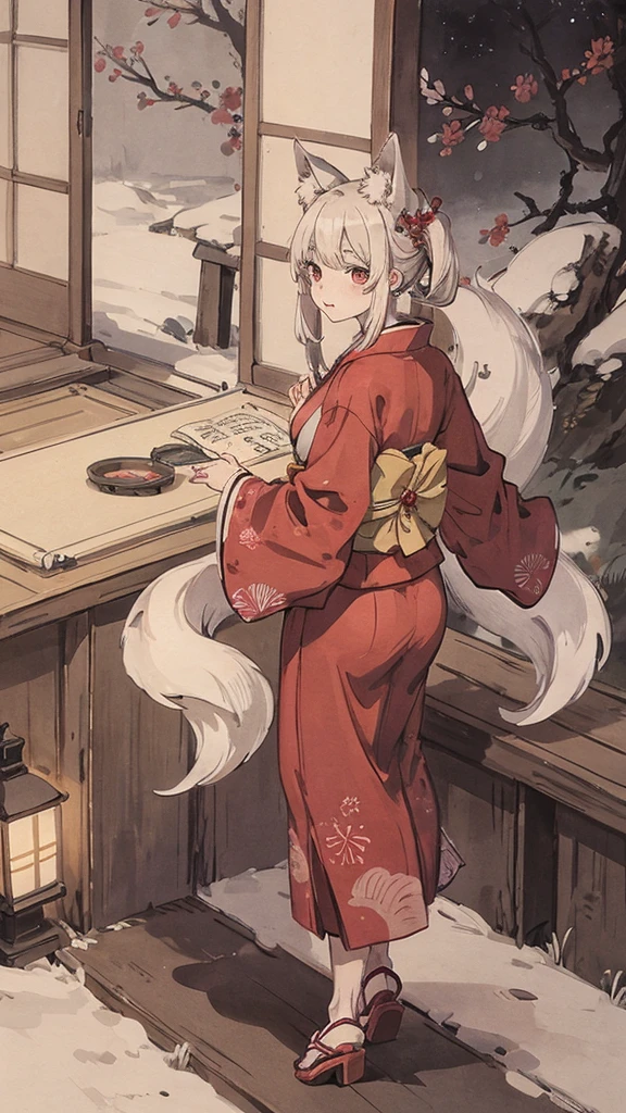 night、nightの神社、Japanese style、Red kimono、Fox-eared woman