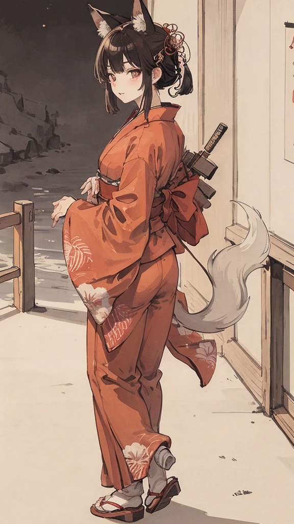 night、nightの神社、Japanese style、Red kimono、Fox-eared woman