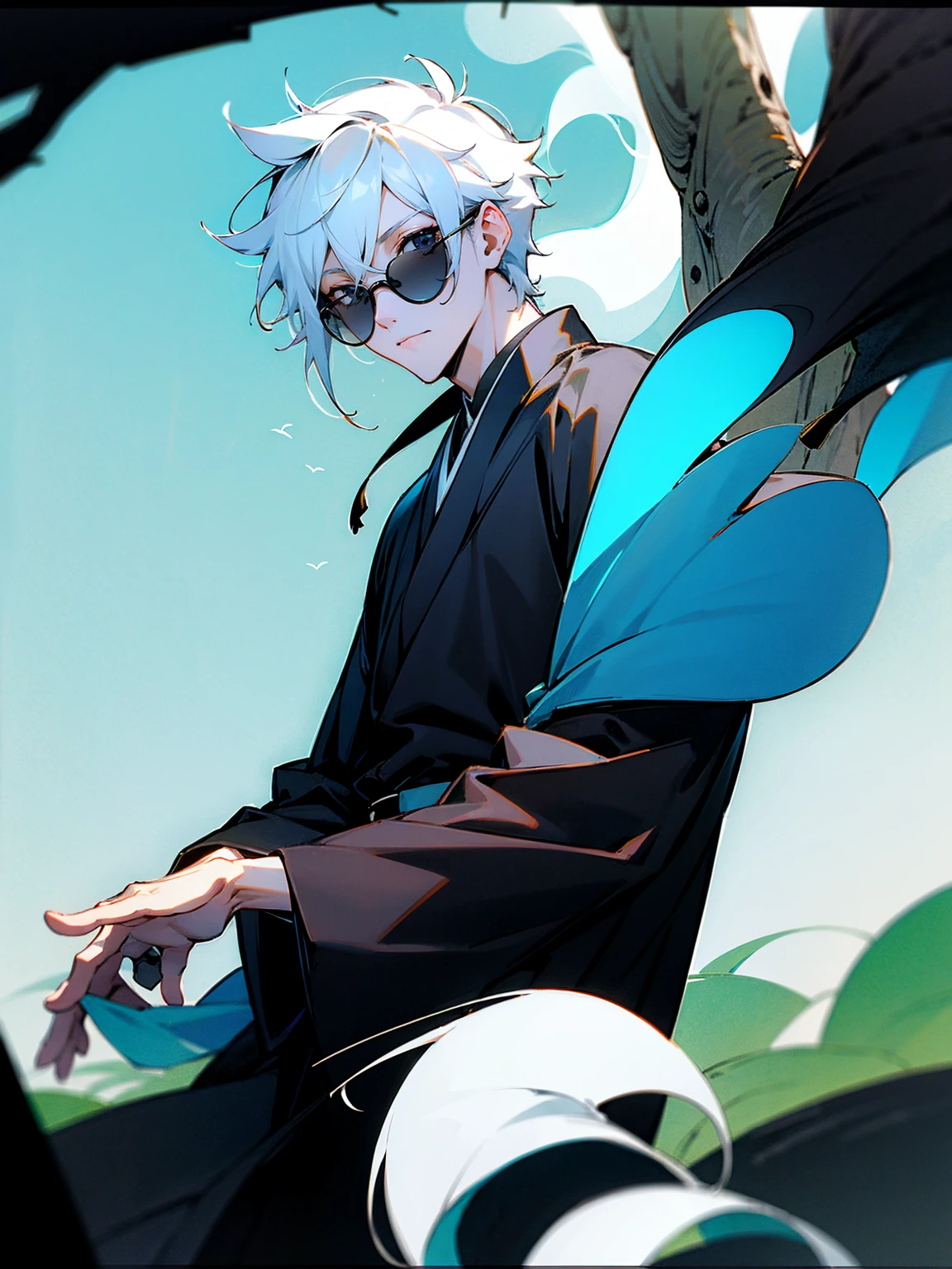 1male, black and white hair, sunglasses, black haori, forest