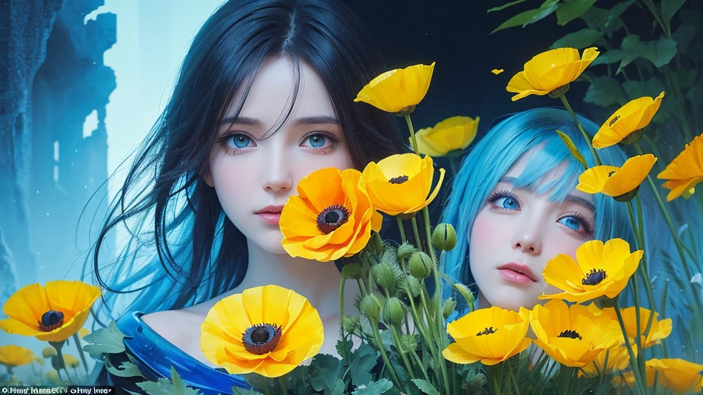 32k, Masterpiece, Highest quality, One girl, Detailed eyes, flower,Iceland Poppy, Blue and yellow style,A dreamy, romantic piece,Pale yellow, Mysterious Leaves,A playful arrangement,Fantasy,High Contrast,Ink strokes,explosion,Exposure, Impression of blue and yellow tones,Abstract,((Watercolours by John Berkey and Jeremy Mann )) Brush strokes,Negative Space, Tyndall effect,