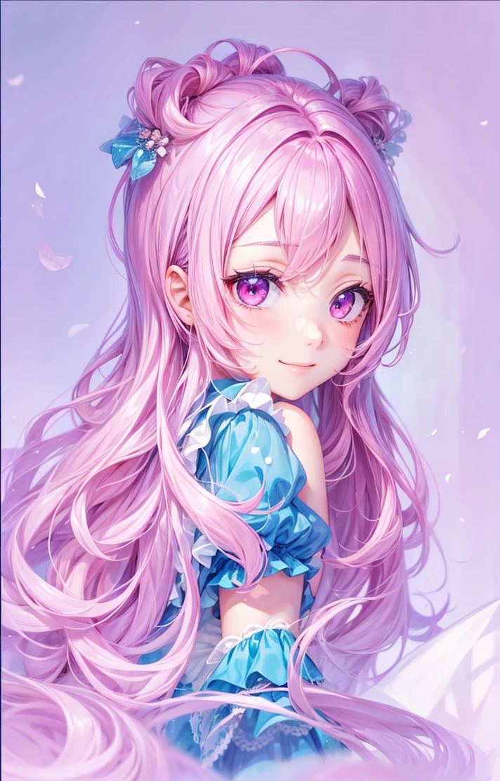 A BOY with big pink hair, with pink eyes, high resolution, with a shy face and a sweet smile
