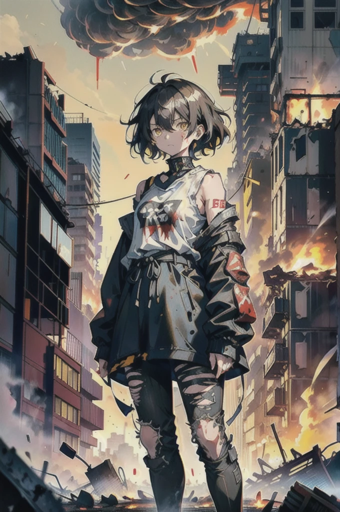 ((1 GIRL)) ((2d anime girl)), ((Japanese)) mature female,18-year-old, ((2d anime girl)), ((short dark-haired)), ((windswept hair)) ((ultra high quality)) ((4k UHD)) ((Best Quality)) ((Daytime)) ((eyes glowing yellow )), wearing a ((black long sleeve shoulderless T-shirt)) with the slogan ((KAIJU)) in RED letters, wearing jeans and black and yellow sneakers with (((blood splattered))) on it and her face, standing in the street ((facing toward the camera)) in a ((ruined city)) filled with ((heavily damaged)) and worn (( tall skyscrapers with gaping holes in their structures while on fire)) and ((crushed vehicles on fire)) and small and ((raging fires all around)) and an expressionless look on her face, with a giant monster kaiju-beast in the distance looking furocious.