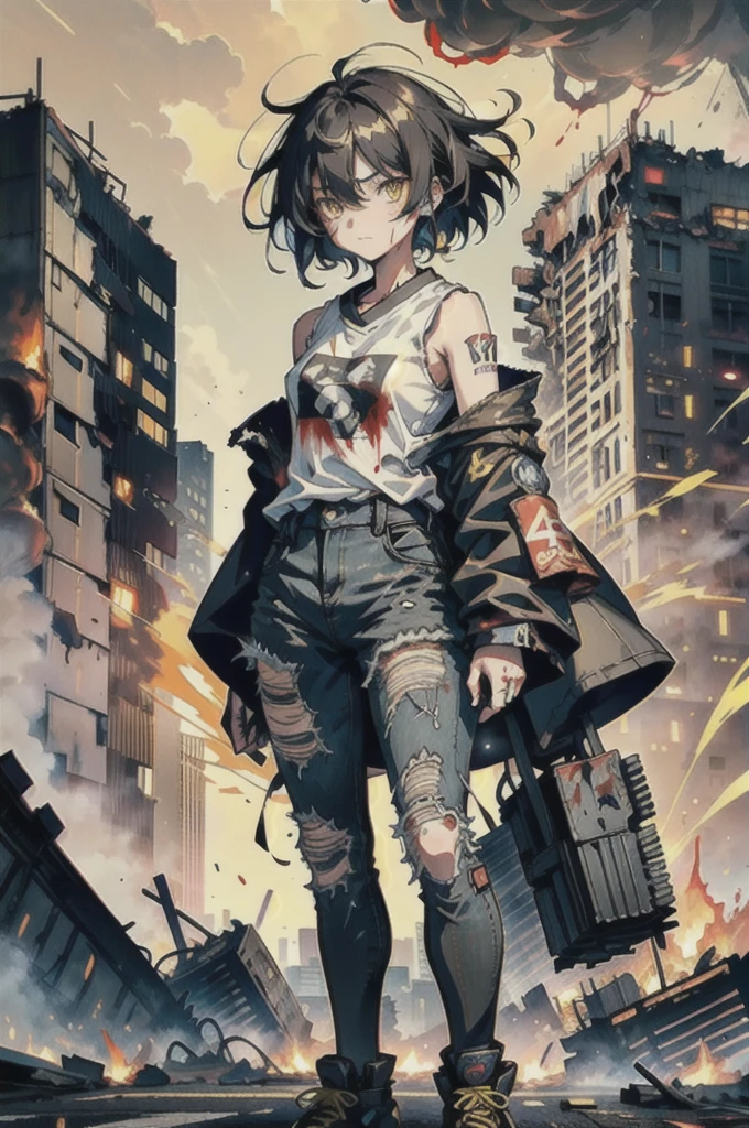 ((1 GIRL)) ((2d anime girl)), ((Japanese)) mature female,18-year-old, ((2d anime girl)), ((short dark-haired)), ((windswept hair)) ((ultra high quality)) ((4k UHD)) ((Best Quality)) ((Daytime)) ((eyes glowing yellow )), wearing a ((black long sleeve shoulderless T-shirt)) with the slogan ((KAIJU)) in RED letters, wearing jeans and black and yellow sneakers with (((blood splattered))) on it and her face, standing in the street ((facing toward the camera)) in a ((ruined city)) filled with ((heavily damaged)) and worn (( tall skyscrapers with gaping holes in their structures while on fire)) and ((crushed vehicles on fire)) and small and ((raging fires all around)) and an expressionless look on her face, with a giant monster kaiju-beast in the distance looking furocious.