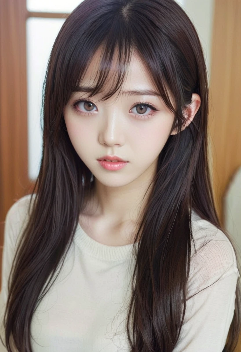 Close-up of a woman with long hair and a cigarette, Ela tem cabelo preto With bangs, Ulzzang, With bangs completa, Larisa Manovar, With bangs, Korean, cabelo arrumado With bangs, Young and pretty Asian face, cabelo comprido With bangs completa, cabelos longos With bangs, Young and adorable Korean face, Pale, round face, young asian girl