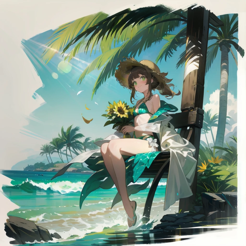 [(White background:1.15), ::2]Solitary, Medium shot, whole body，Little People，High Saturation，Brown flowing ponytail，Wear a golden bow around your neck， Green themed swimsuit，Bikini，Green Eyes，blush，Smile，Sunlight，Ocean滩，coconut tree，sunflower🌻，water，Ocean，Sitting on the swing，A bouquet of flowers，Very flowery，wet，（straw hat），（White open flowing trench coat）