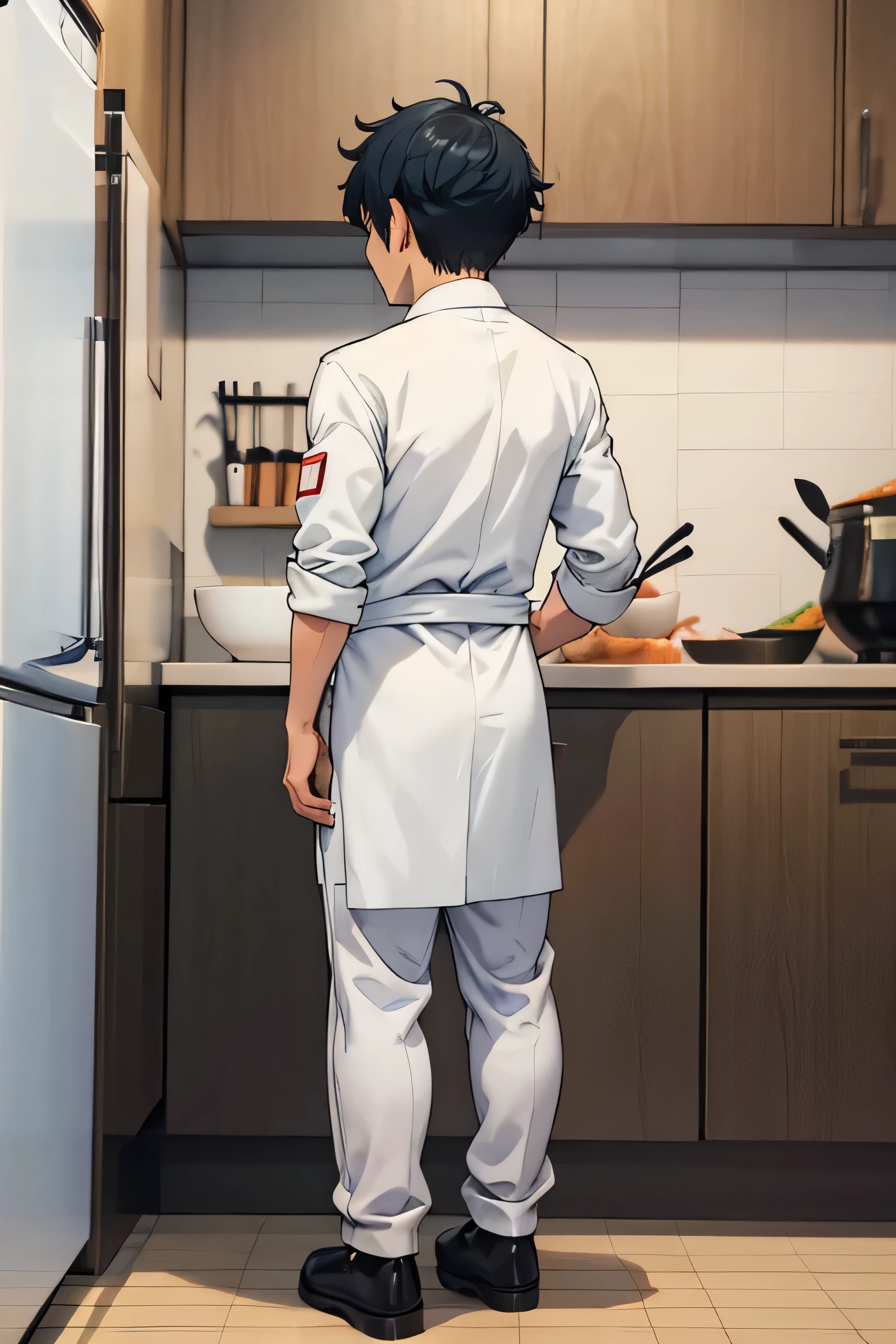 japanese sushi chef, 1 person, chef uniform, standing, top down view, male chef, miniature chef, small people, cute, cartoon style, professional look, adult, back view, full body