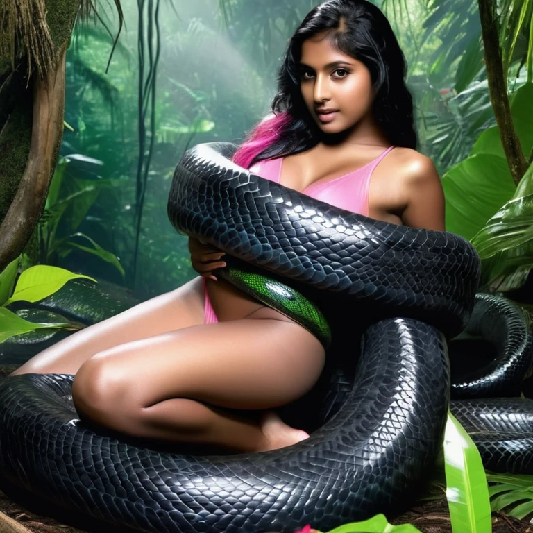 Topless pink thong wearing aroused horny beautiful happy young Indian girl vs Giant colossal black anaconda monster wrapped around her body squeezing her in coiled embrace cuddling and kissing sexual erotic bestiality sex realistic in the rainforest full body, best quality wet