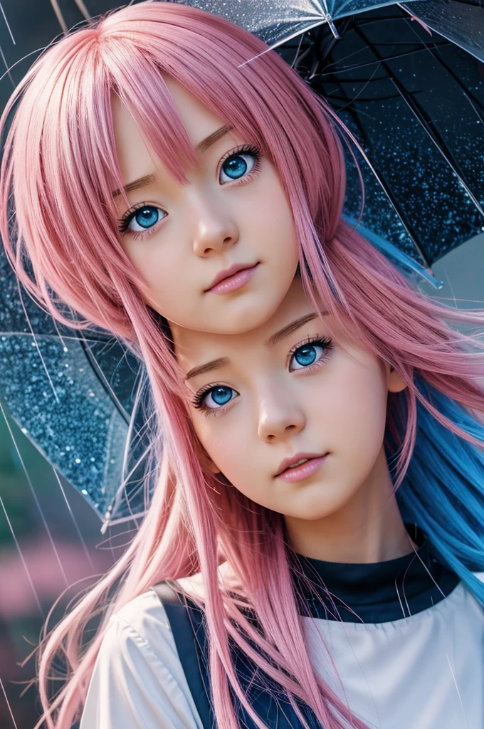 rompts Copy prompts Anime girl with pink hair and blue eyes in the rain., 4K anime style, anime art wallpaper 4k, anime art wallpaper 4k, anime art wallpaper 8K, 4k anime wallpaper, 4k anime wallpaper, beautiful animated portrait, anime style portrait, digital animated art, 4k anime wallpaper, digital art Iliá Kuvhinov, anime girl portrait