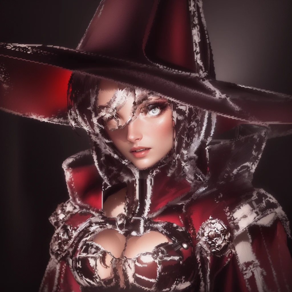 a close-up of a woman in a witch's hat and a cape, mechanized witch girl, half summoner half megumin, black magical girl, portrait of a female magician, marisa kirisame, Sorceress, female magician!, portrait of a sorceress, female magician, beautiful sorceress, black witch character, black witch side portrait