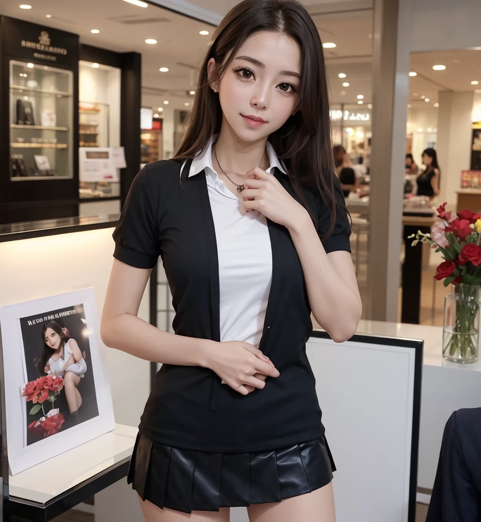 Masutepiece, highest quality, high resolution, Eleonora Pavinato, 30 years old, younger headshot, looking cute, cute pose, beautiful busty girl, long straight black hair, mu sexy secretary in the mall. polo shirt, tight black mini skirt, full body