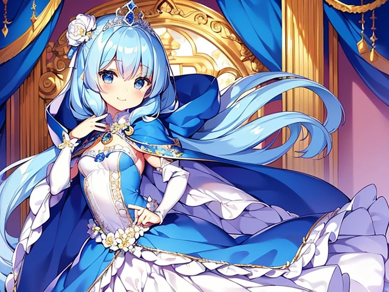 looking at viewer,(kawaii),(best quality),(ultra detailed), upper body,(rococo style),(long train blue cape:1.15), very long cape,(long train white ball gown with flower decorations:1.1), a girl is wearing a cape over her gown, 1  princess, tiara, smile, very long hair, small breasts