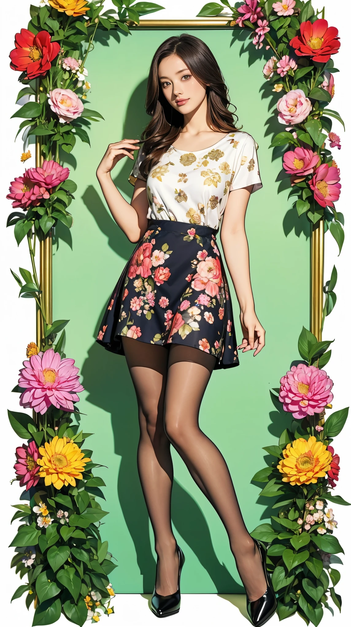 ((masterpiece)),(((Highest quality))),((Character design sheet)),Thin thighs,Long legs,whole body:1.5,(One Girl:1.3),(Black pantyhose and thick pointy heels:1.3),(Wearing a floral and plant patterned mini skirt dress:1.2),Short blonde:1.2、Model pose,Floral and botanical background:1.5,
