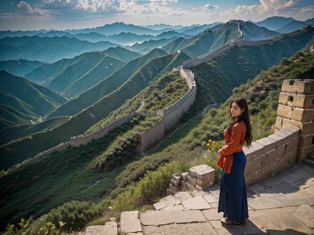 A dramatic, cinematic landscape of the Great Wall of China winding through a rugged, mountainous terrain, 1 girl in traditional Chinese clothing standing atop the wall, looking out over the vast expanse, (best quality,4k,8k,highres,masterpiece:1.2),ultra-detailed,(realistic,photorealistic,photo-realistic:1.37),dramatic lighting,warm color palette,detailed clouds in the sky, lush greenery surrounding the wall,stunning vista,ancient architecture,historic landmark