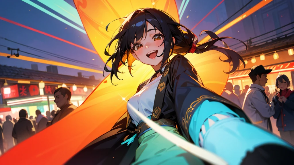 In the midst of a vibrant and bustling night market, Women appear excited and happy. Dress relaxed, Her face radiates pure joy and satisfaction., Her eyes sparkle with joy as she takes in the vibrant atmosphere around her.., Make her feel truly alive and at peace.