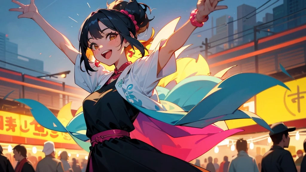 In the midst of a vibrant and bustling night market, Women appear excited and happy. Dress relaxed, Her face radiates pure joy and satisfaction., Her eyes sparkle with joy as she takes in the vibrant atmosphere around her.., Make her feel truly alive and at peace.