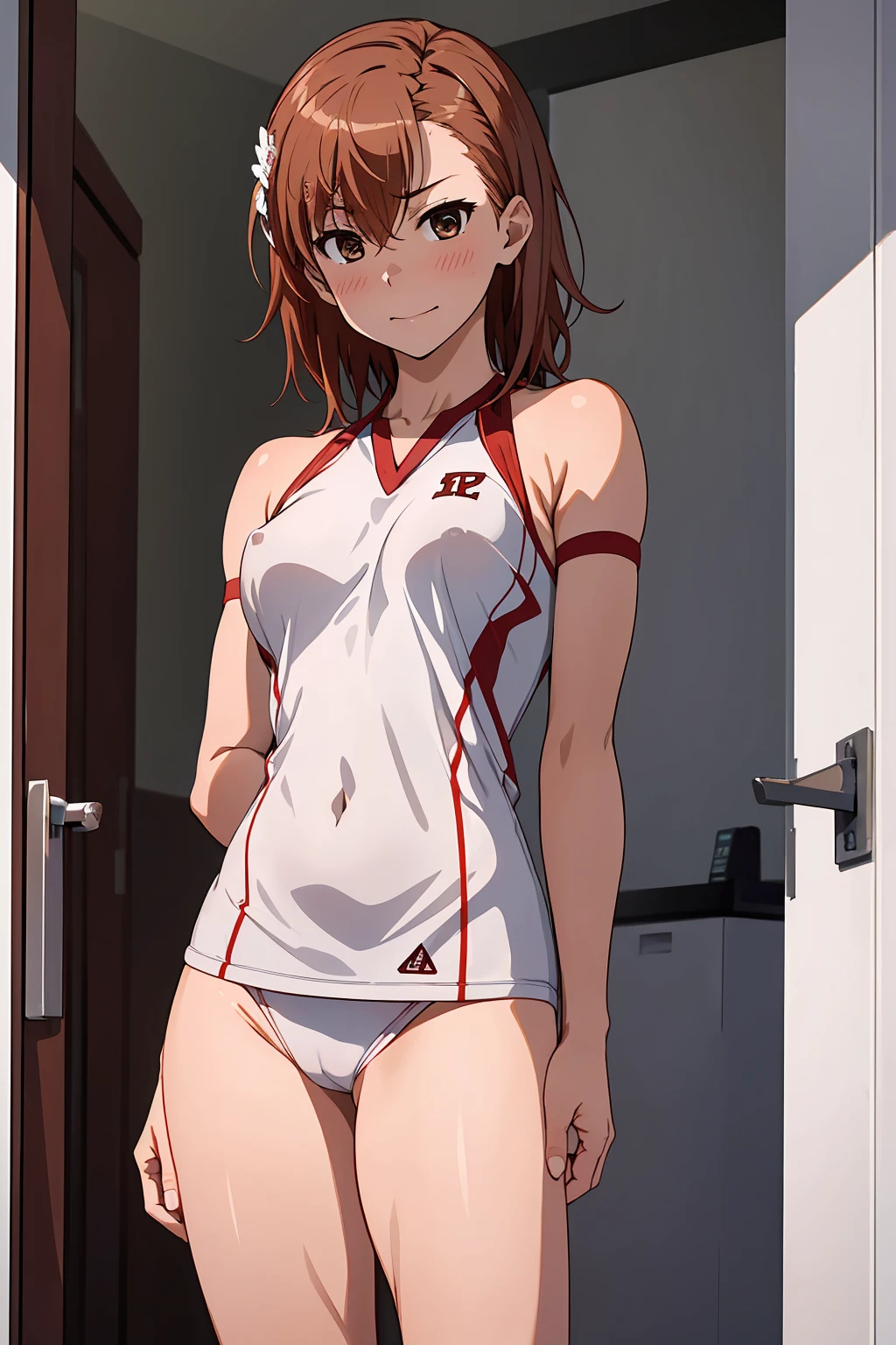 NSFW (Highest quality:1.5, High resolution, uhd, 4K, Detailed lighting, Shaders), ((Misaka Mikoto)) ,solo short hair Brown Hair Brown eyes Cool face Volleyball Uniforms Realistic gym Sweat Super oily skin Preparing for exercise No ball No sleeve Cowboy Shot: Realistic locker room blush depressed Face distorted by pleasure Resisting Pleasure Blushing cheeks wet Nipples licked Overflowing body fluids Spurting body fluids ((Lean back)) (((Ecstasy)))++ Completely naked topless