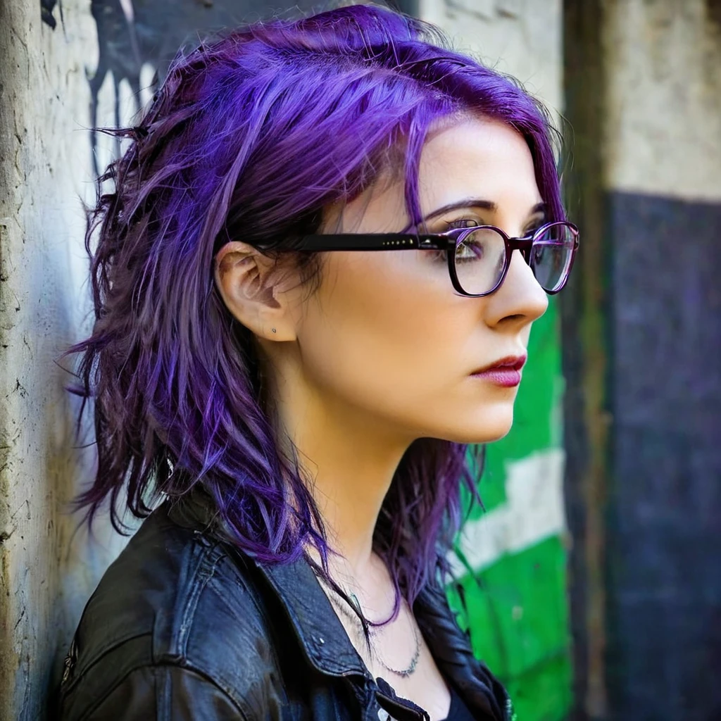 
there is a woman , Dark purple hair and cybernetics, grungy woman, Emo art student, with glasses, Purple hair portrait of woman, Profile shot, purple and black, look from the side, Shot from the side, Irish horrors, dark and dirty, purple and black, shot from far away, perfect figure 