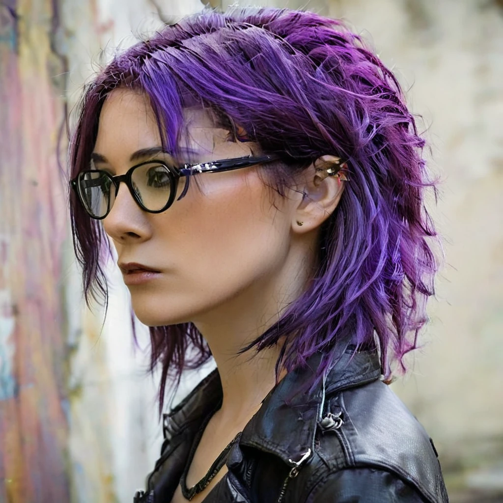 
there is a woman , Dark purple hair and cybernetics, grungy woman, Emo art student, with glasses, Purple hair portrait of woman, Profile shot, purple and black, look from the side, Shot from the side, Irish horrors, dark and dirty, purple and black, shot from far away, perfect figure 